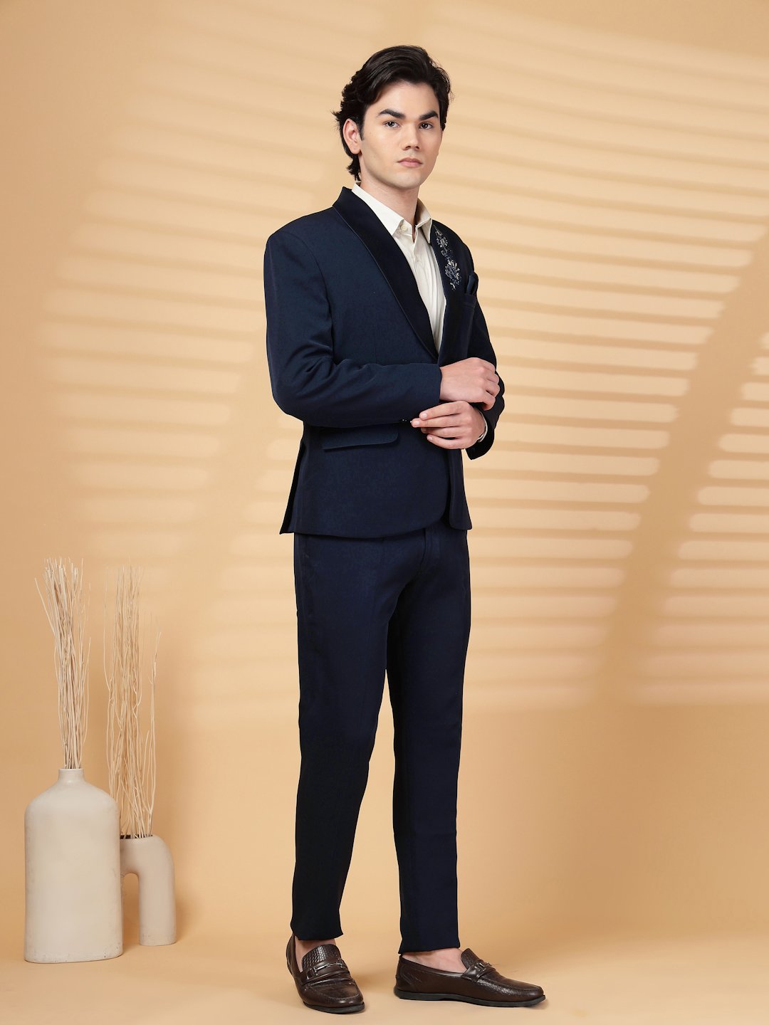 Blue Solid Embroidery Single-Breasted Two-Piece Party Suit