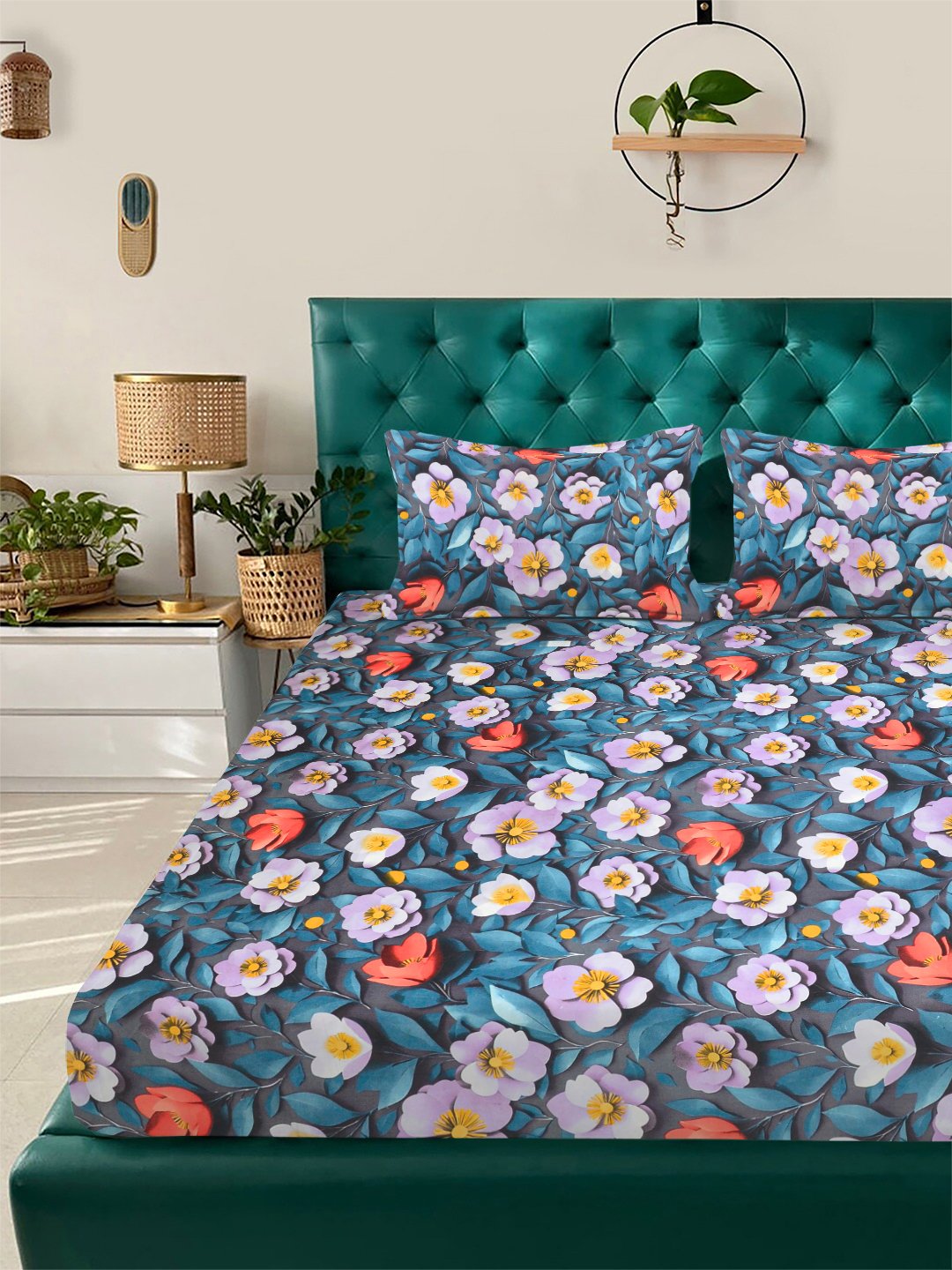 Blue Floral 7D King Size Cotton Blend Fitted Double Bedsheet with 2 Pillow Covers