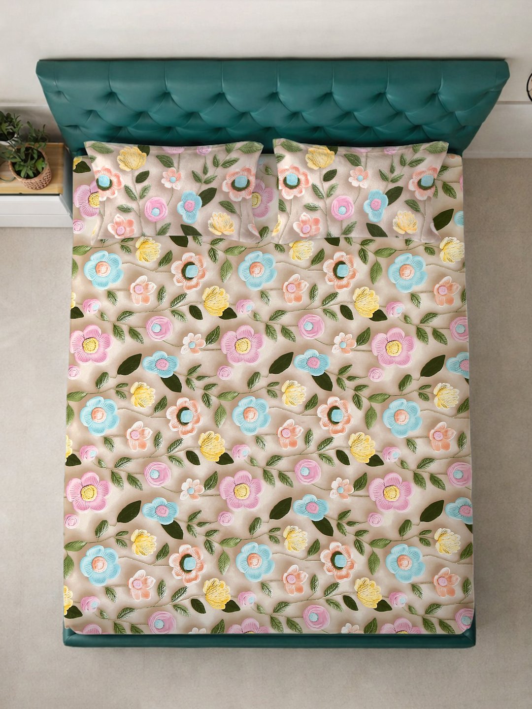 Beige Floral 7D King Size Cotton Blend Fitted Double Bedsheet with 2 Pillow Covers