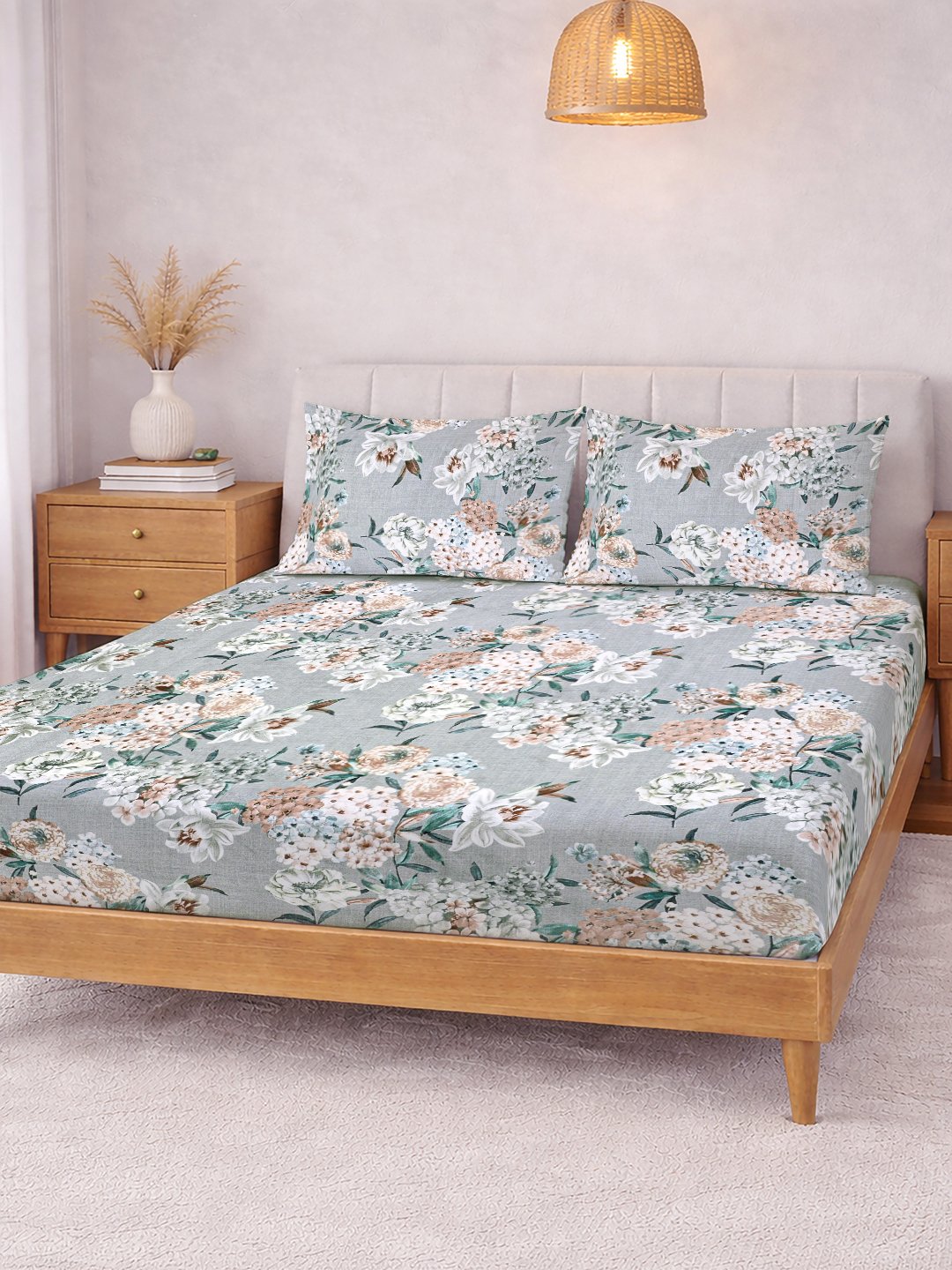 Grey Floral Cotton Blend Fitted Double Bedsheet with 2 Pillow Covers