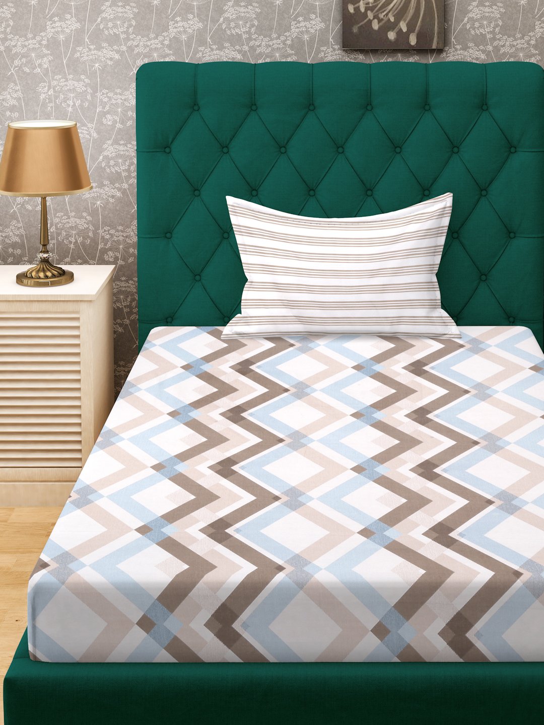 Multi Abstract 300 TC Cotton Blend Fitted Single Bedsheet with Pillow Cover