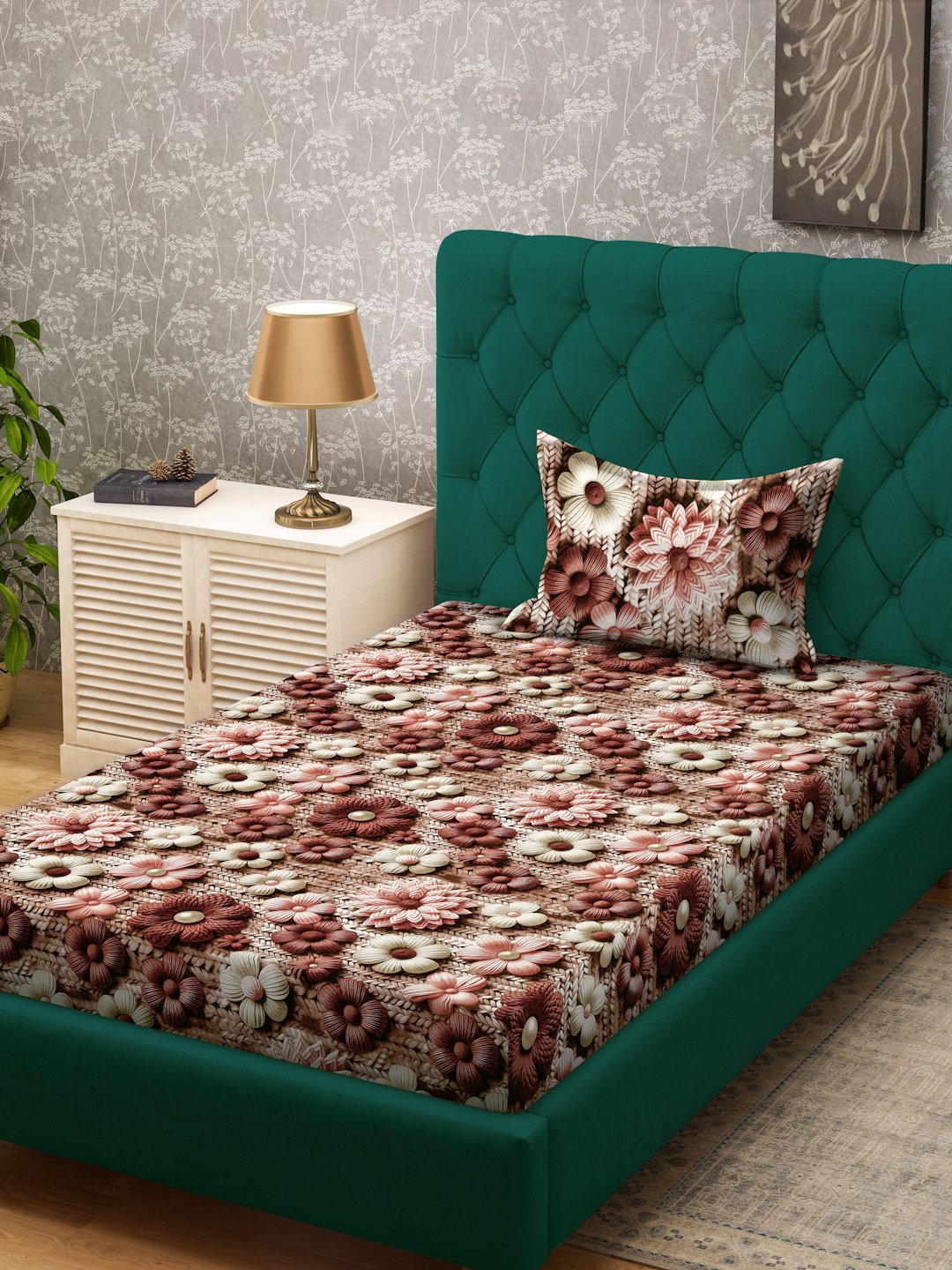 Brown Floral 7D Cotton Blend Single Bedsheet with Pillow Cover