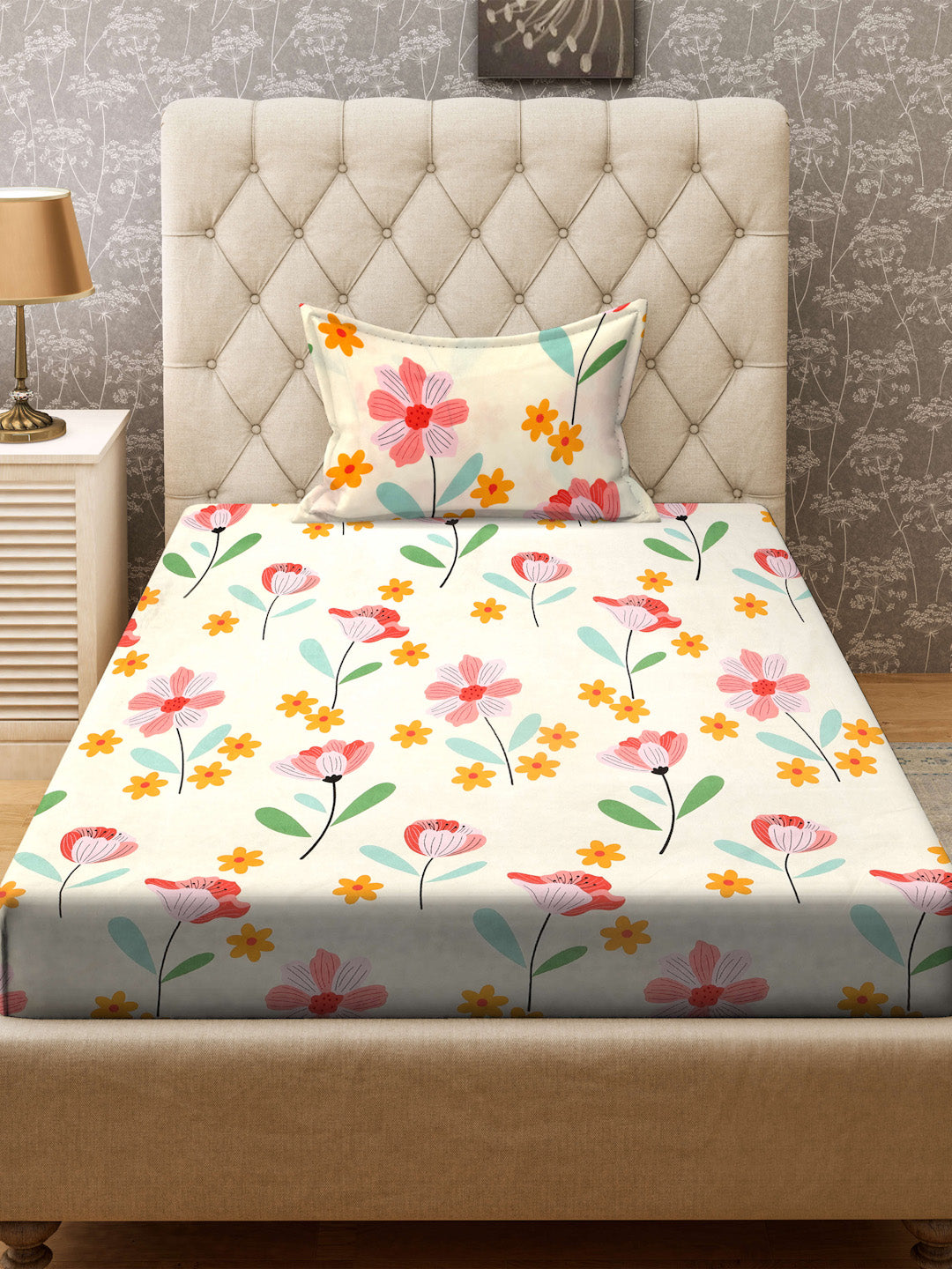 Klotthe Cream Floral 300 TC Cotton Blend Single Bedsheet with Pillow Cover