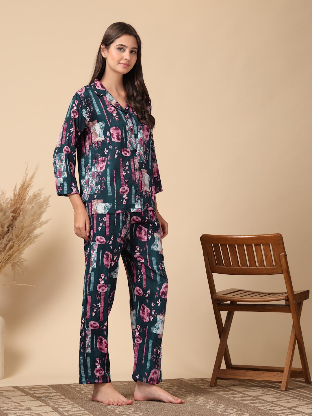Turquoise Geometric Cotton Blend Women Night Suit