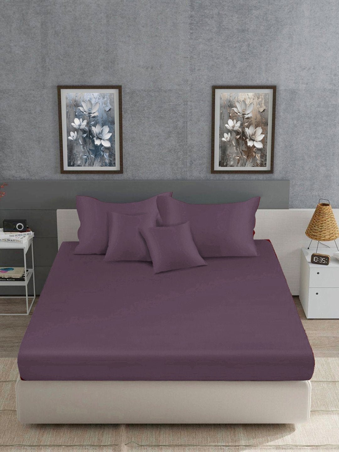 Purple Solid 400 TC Satin Fitted Super King Double Bedsheet with 2 Pillow Covers & 2 Cushion Covers