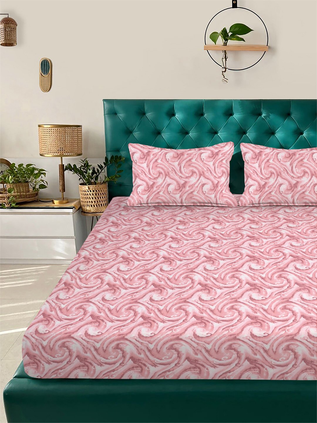 Red Abstract 300 TC Cotton Blend Fitted Double Bedsheet with 2 Pillow Covers