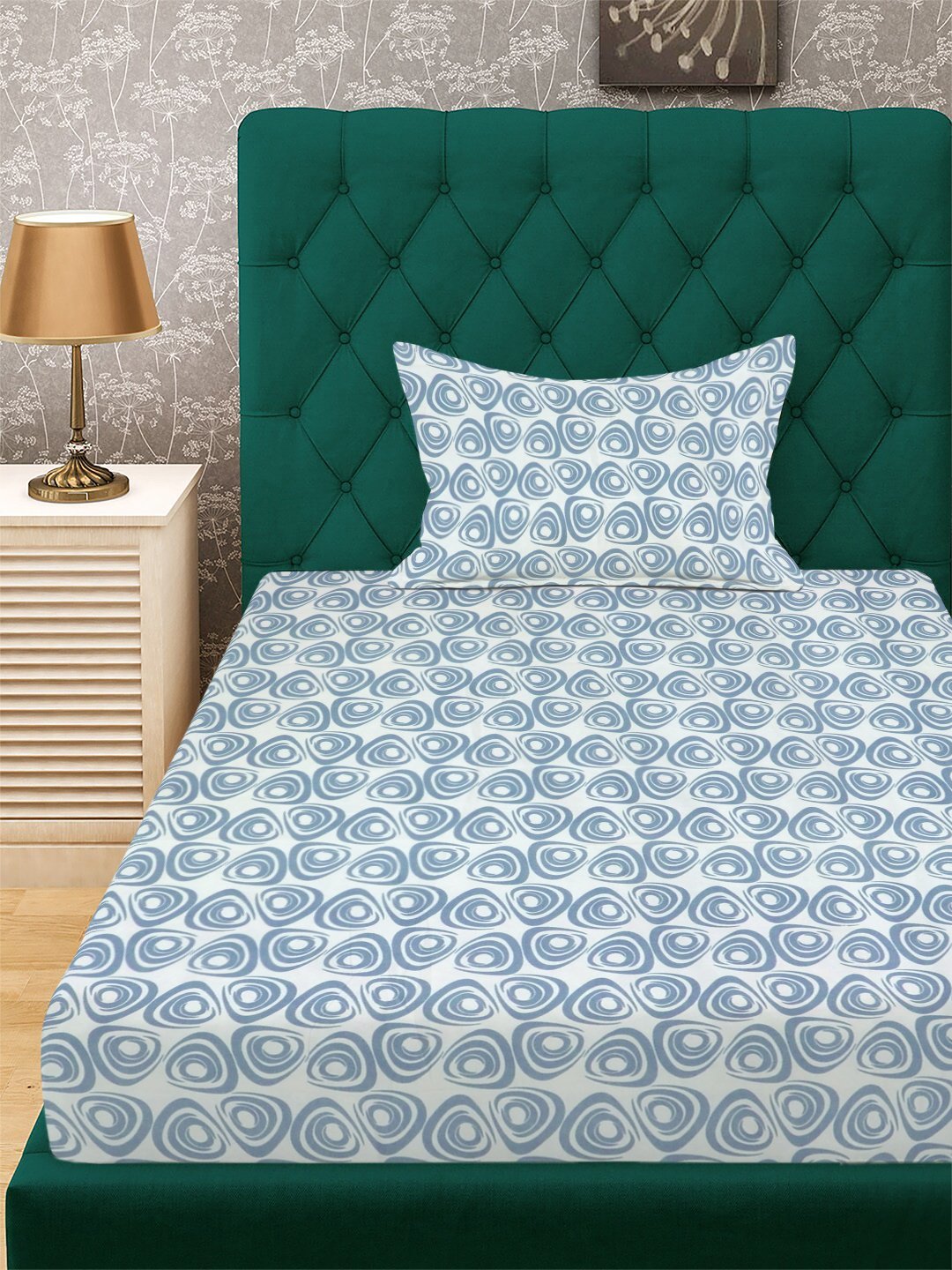 Blue Geometric 300 TC Cotton Blend Single Bedsheet with Pillow Cover