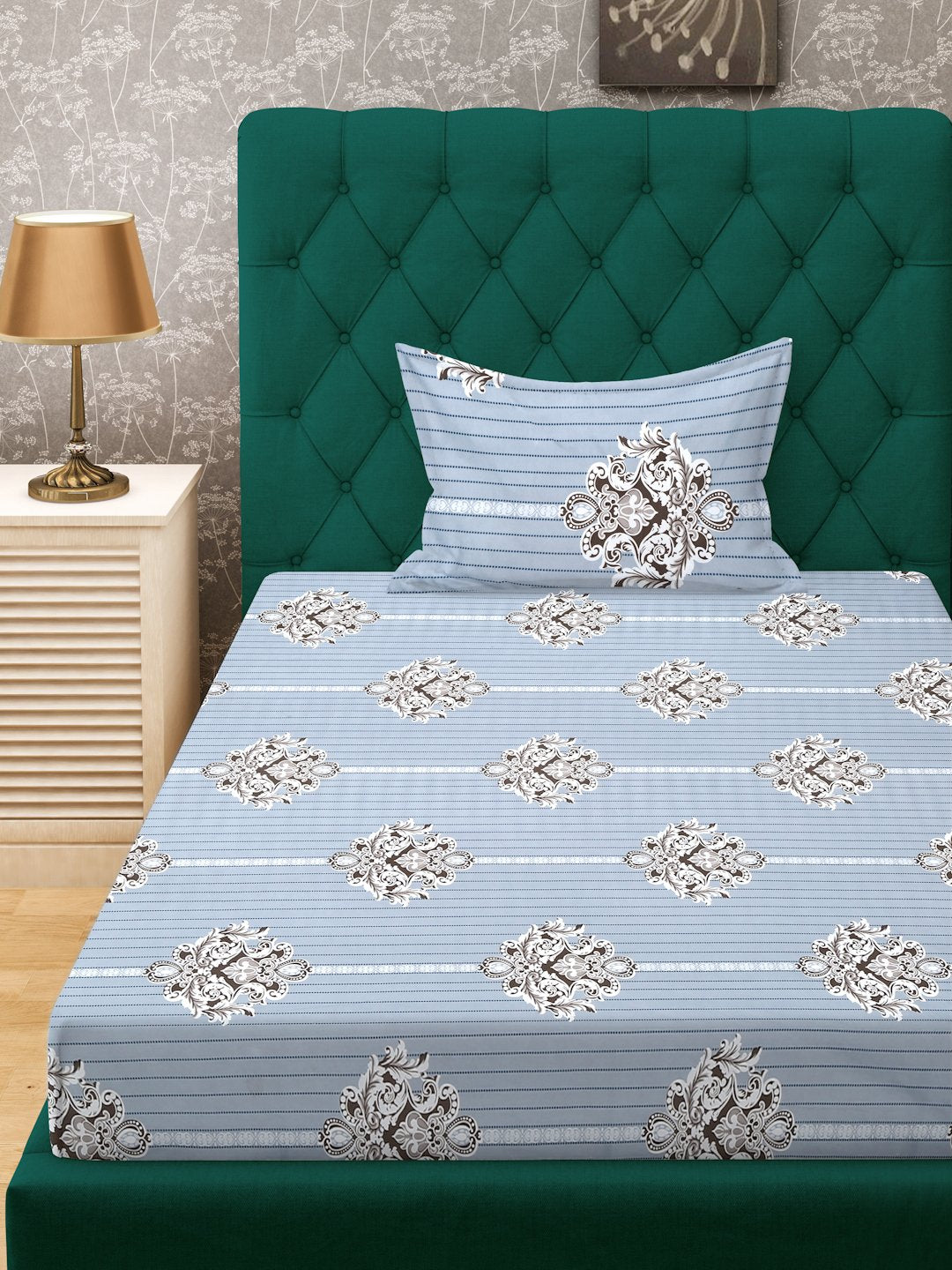 Grey Ethnic Motifs 300 TC Cotton Blend Fitted Single Bedsheet with Pillow Cover