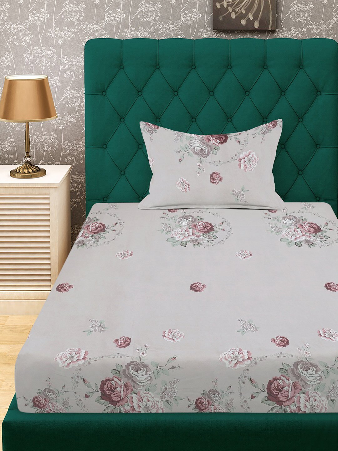 Multi Floral 300 TC Cotton Blend Fitted Single Bedsheet with Pillow Cover
