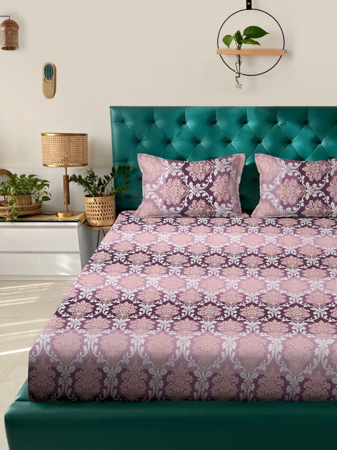 Purple Floral 300 TC Cotton Blend Fitted Double Bedsheet with 2 Pillow Covers