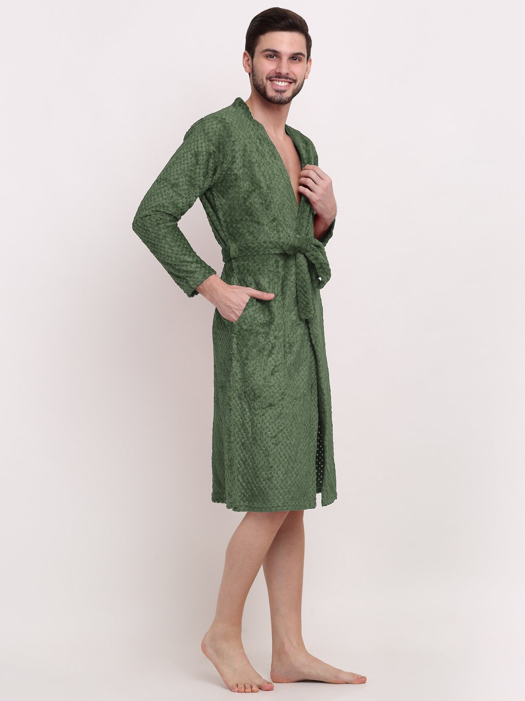 Men Green Self Design Wool Bath Robe With Belt