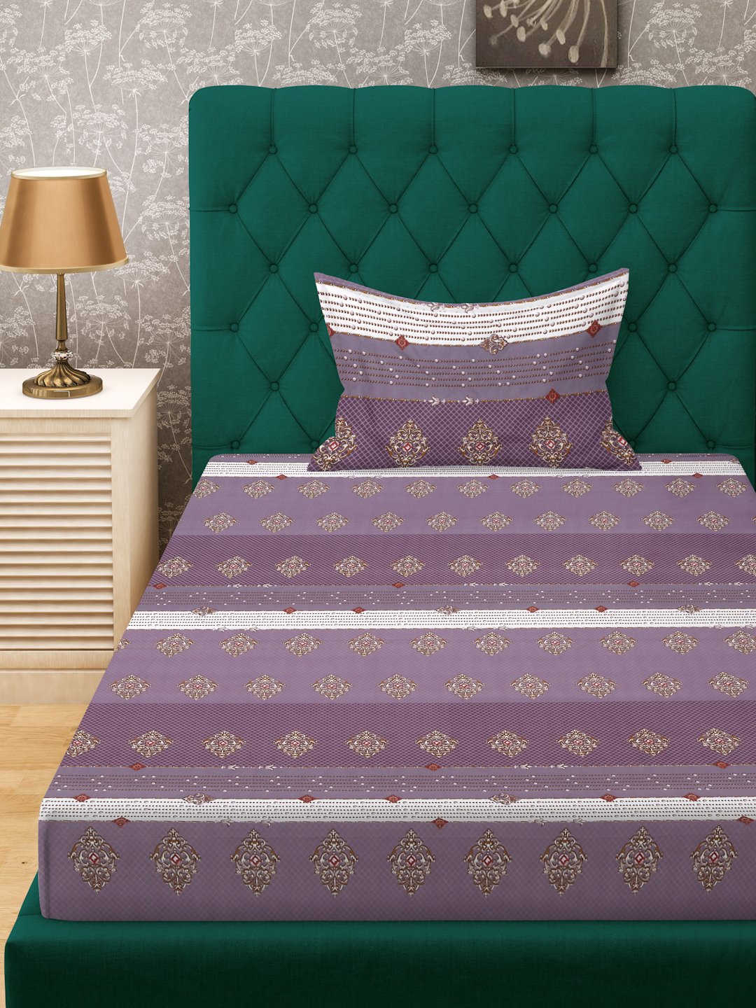 Purple Geometric 300 TC Cotton Blend Fitted Single Bedsheet Set in Book Fold Packing