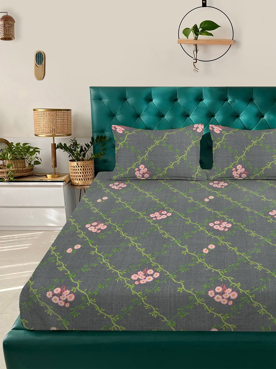 Grey Floral 300 TC Cotton Blend Double Bedsheet with 2 Pillow Covers