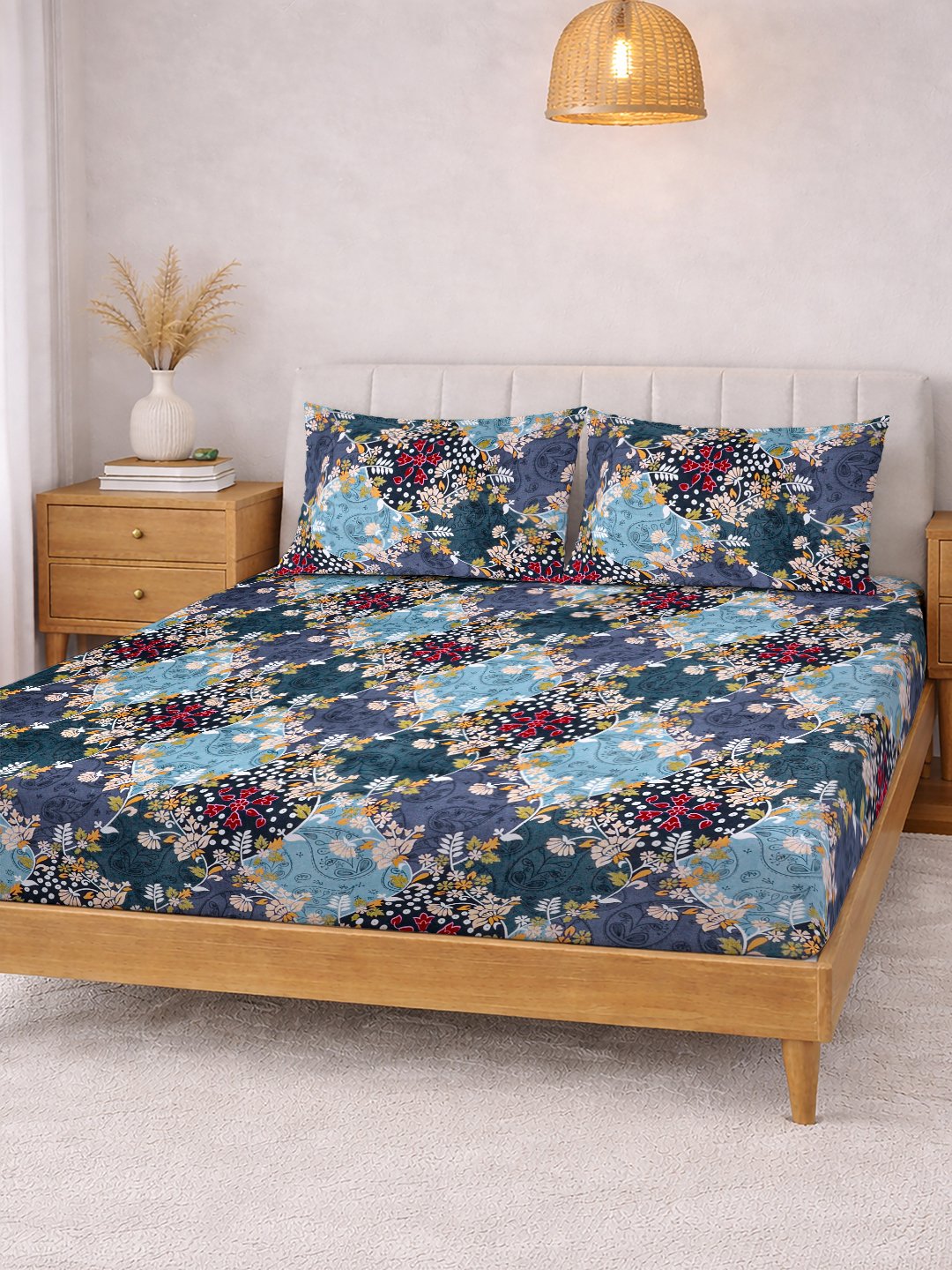 Blue Floral Cotton Blend Fitted Double Bedsheet with 2 Pillow Covers