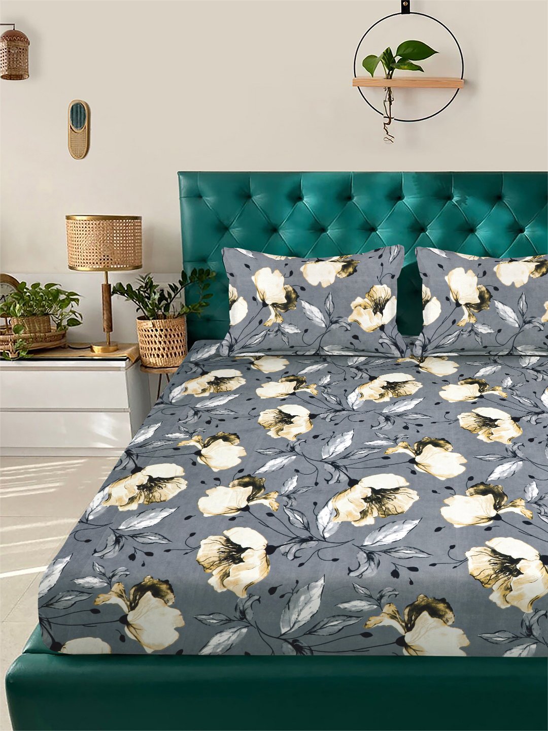 Grey Floral 300 TC Cotton Blend Fitted Double Bedsheet with 2 Pillow Covers