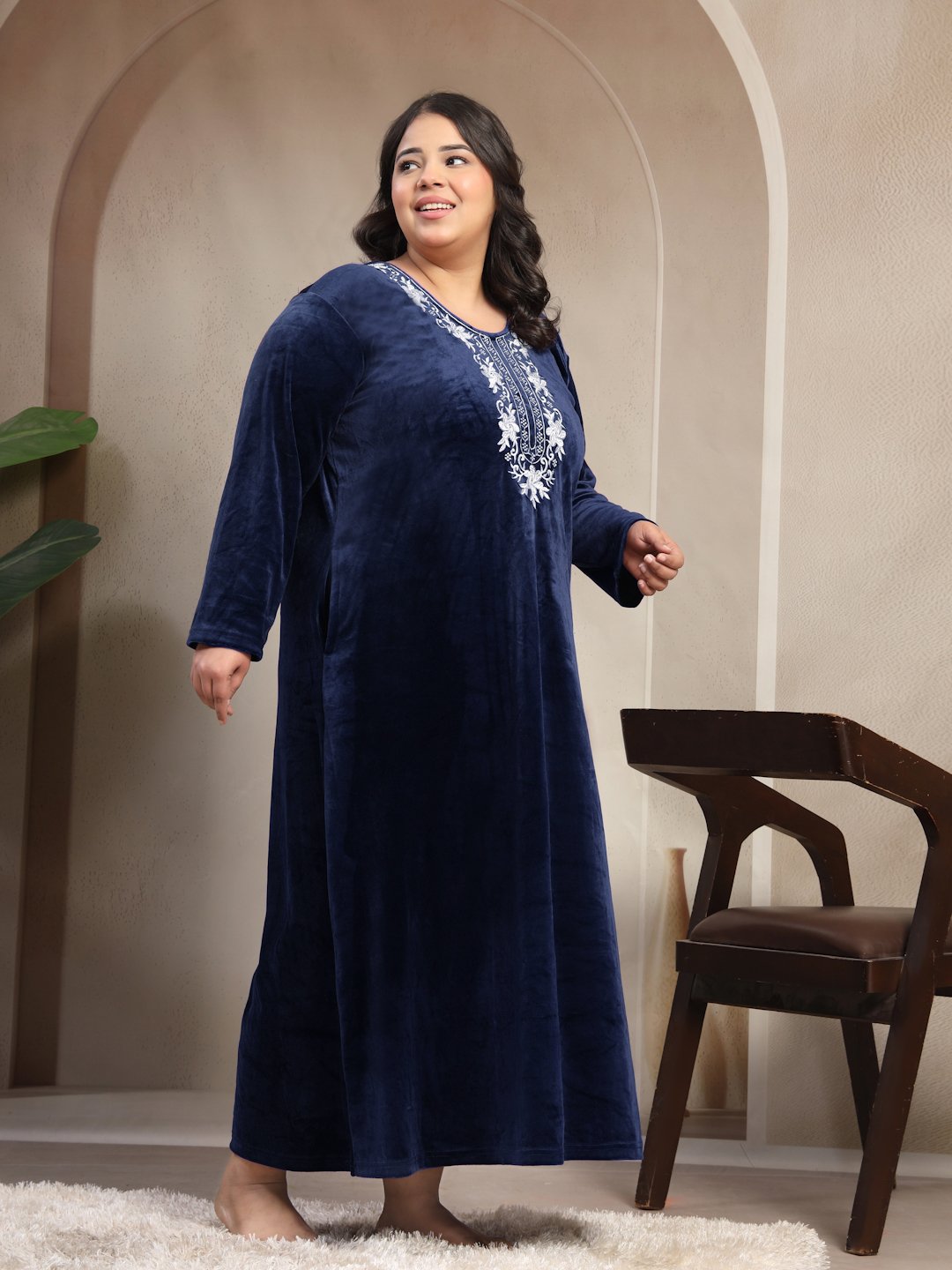 Klotthe Blue Solid Soft touch Velvet Maxi Nightdress