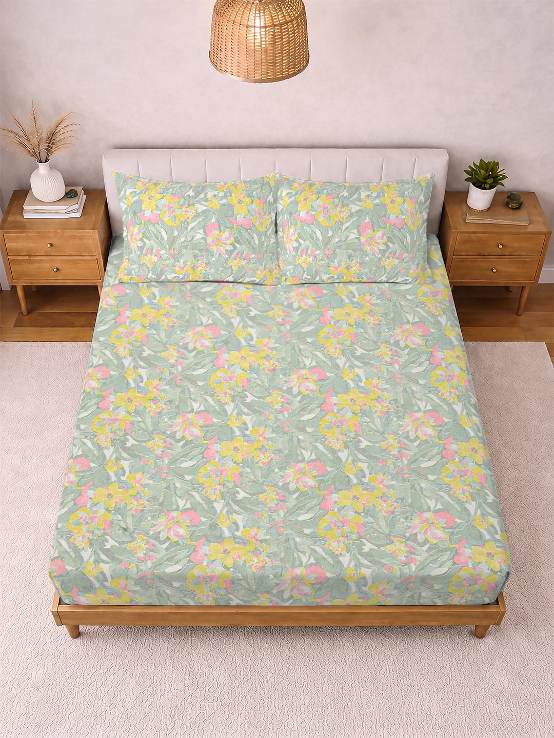 Green Floral Cotton Blend Double Bedsheet with 2 Pillow Covers