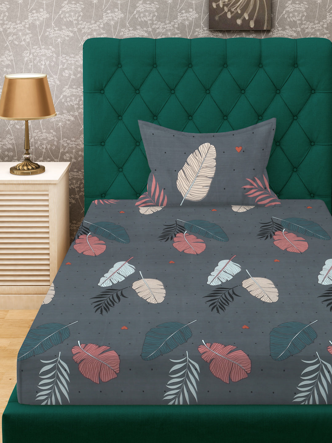 Grey Floral 300 TC Cotton Blend Fitted Single Bedsheet in Book Fold Packing