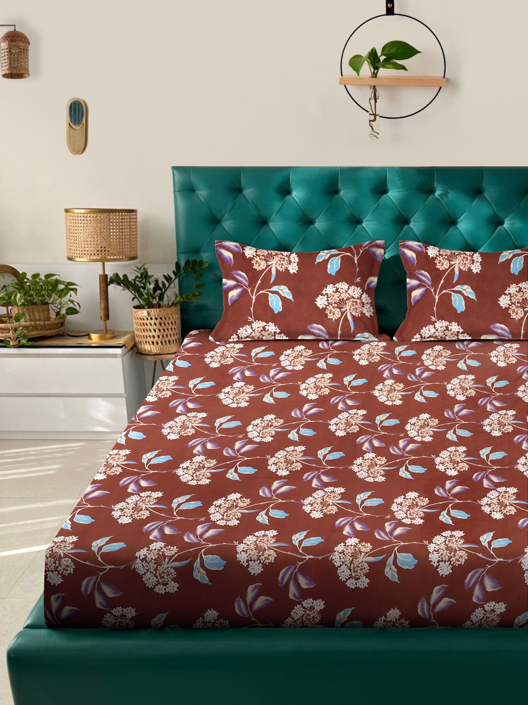 Rust Floral 300 TC Cotton Blend Fitted Double Bedsheet in Book Fold Packing