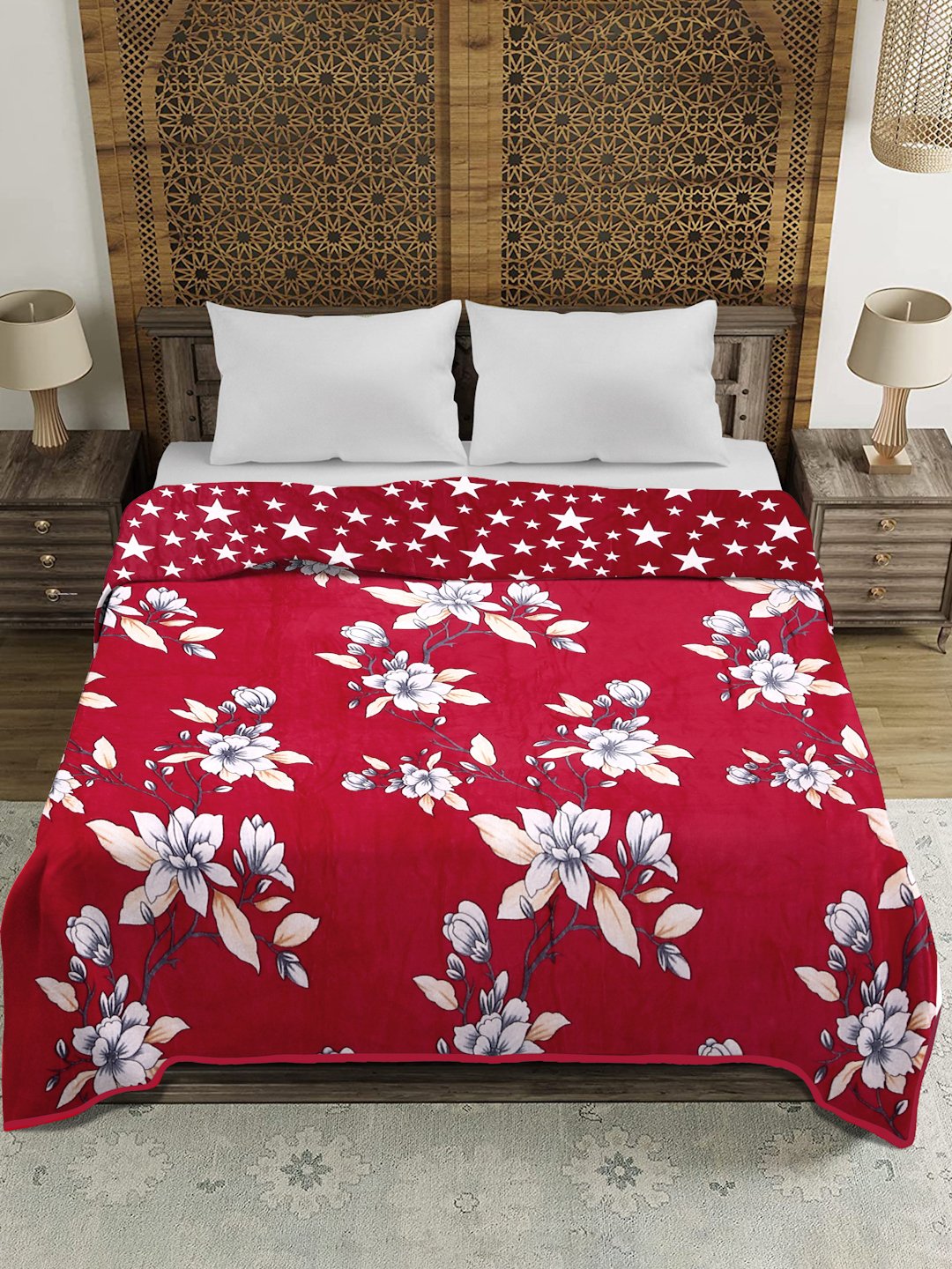 Red Woolen Floral Double Bed Dohar