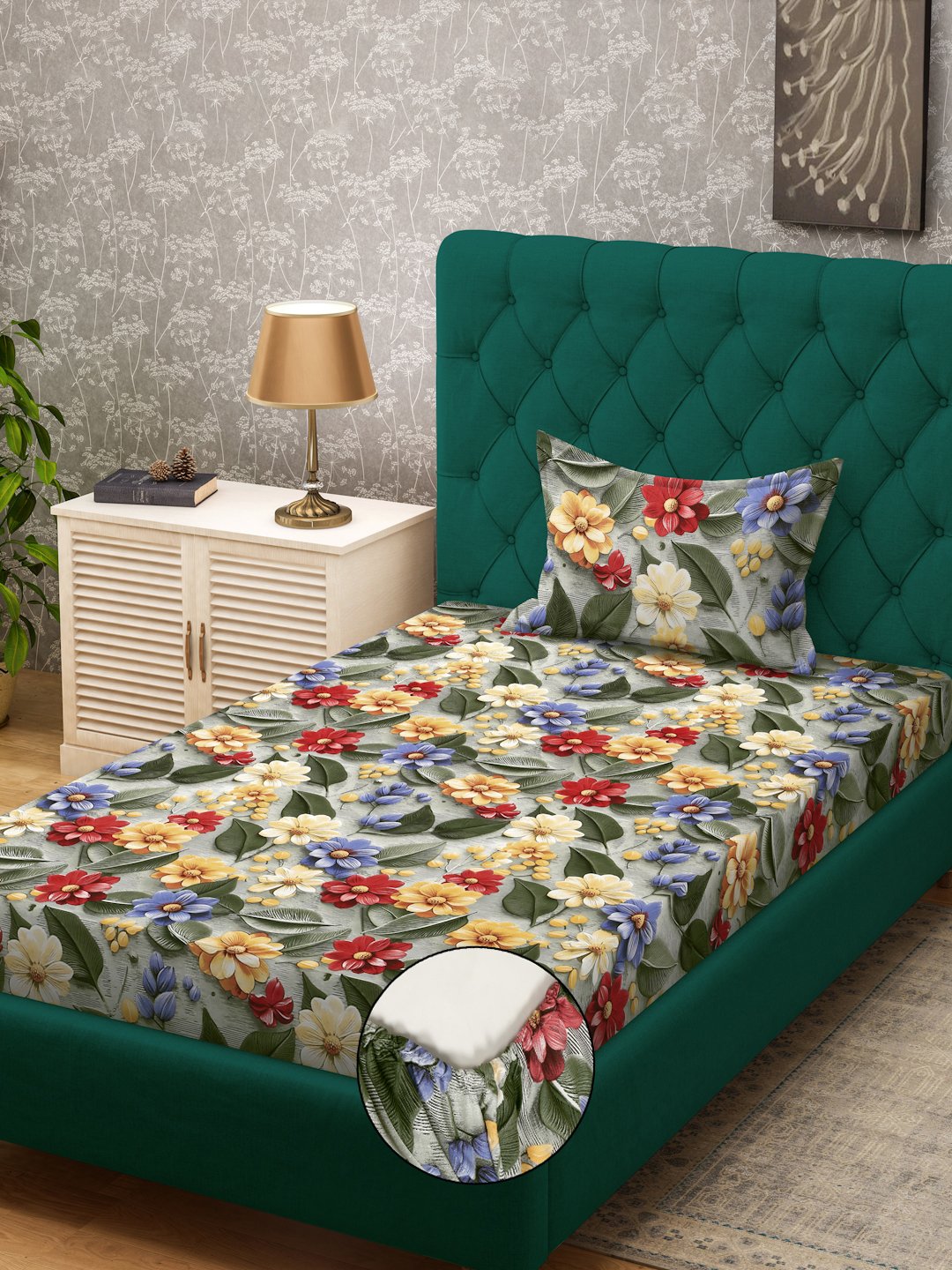 Green Floral 7D Cotton Blend Fitted Single Bedsheet with Pillow Cover