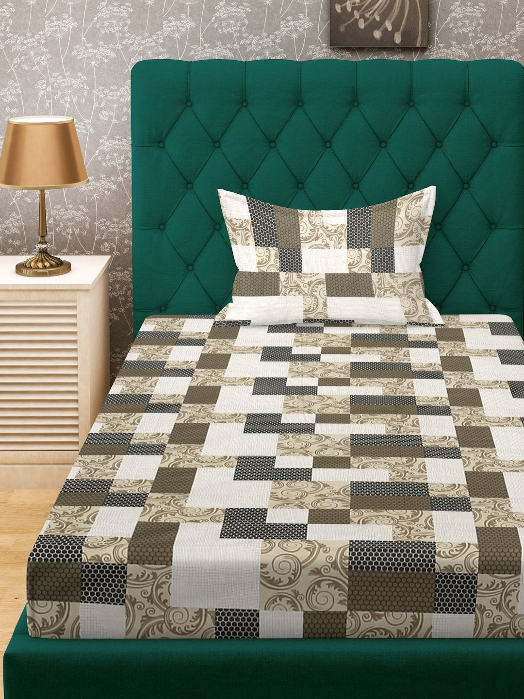 Multi Geometric 400 TC Pure Cotton Fitted Single Bedsheet with Pillow Cover