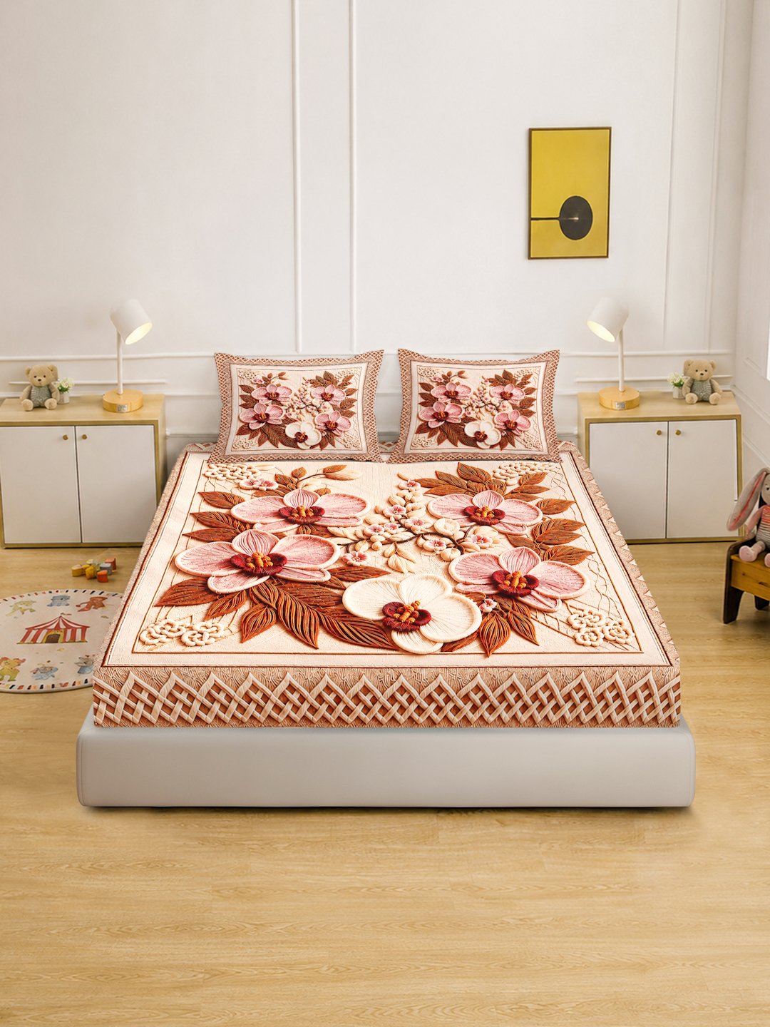 Digital Printed Multi Floral Cotton Blend Double Bedsheet with 2 Pillow Covers