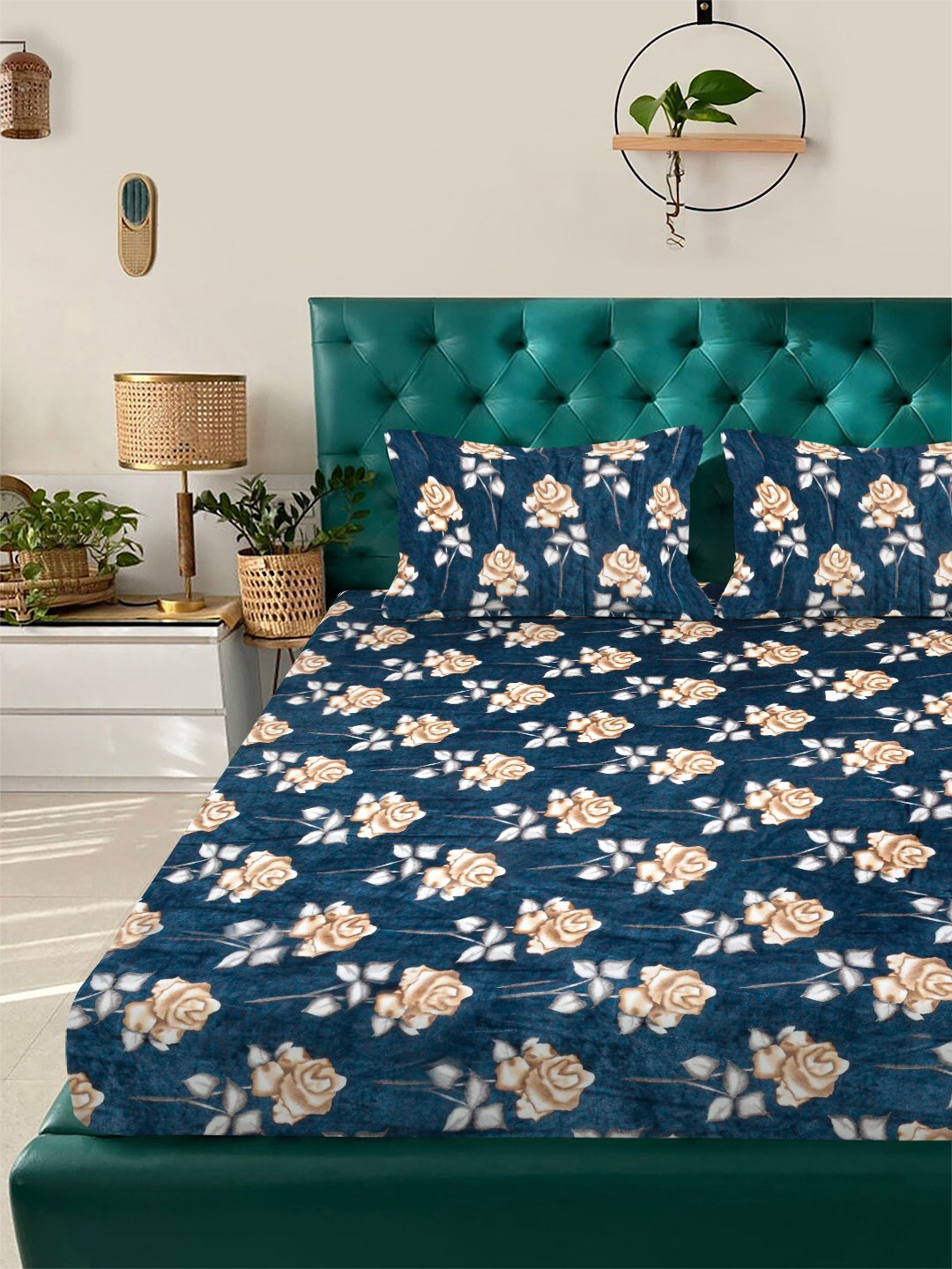 Turquoise Floral Super King Woolen Fitted Double Bedsheet with 2 Pillow Covers