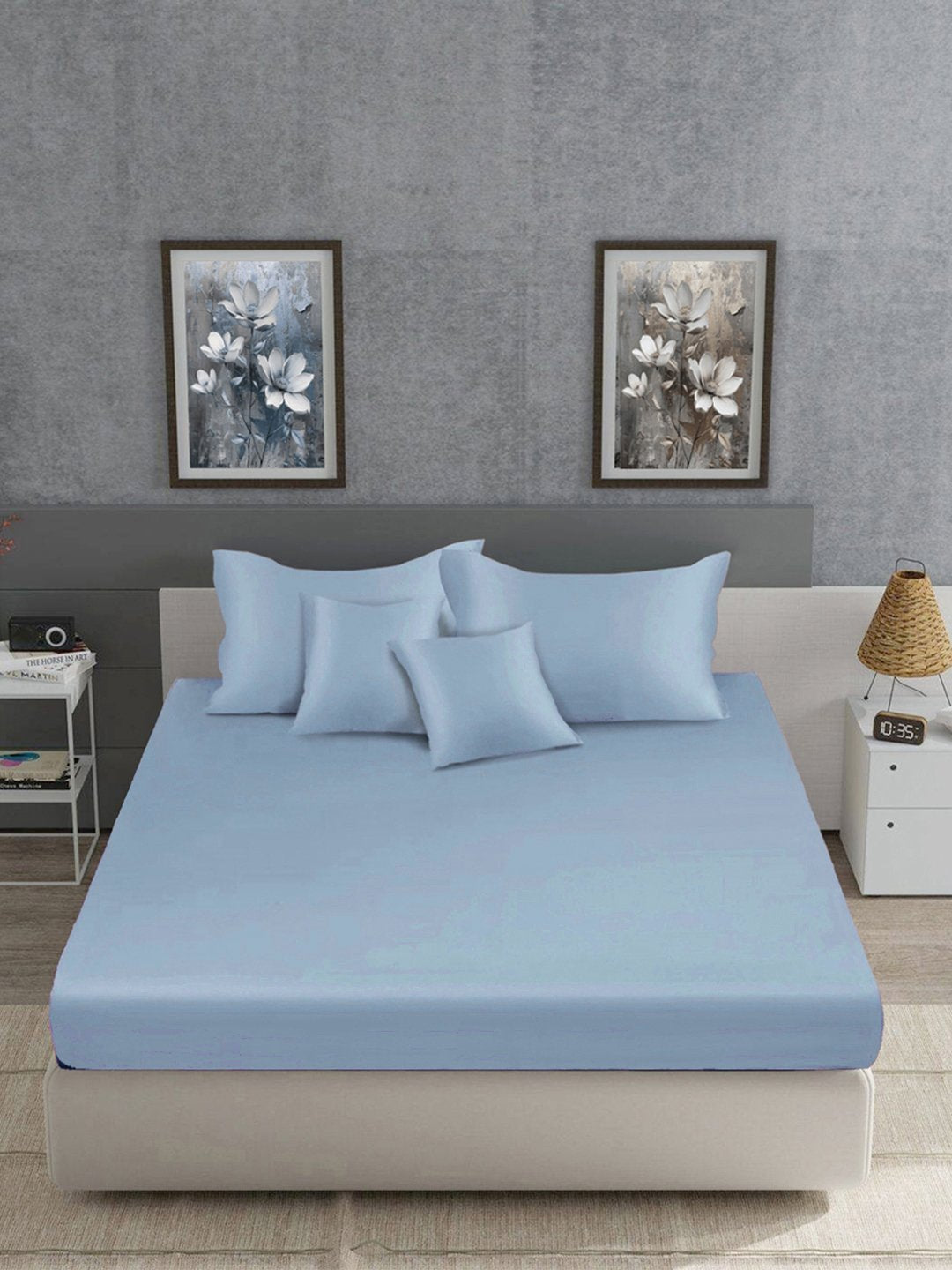 SkyBlue Solid 400 TC Satin Fitted Super King Double Bedsheet with 2 Pillow Covers & 2 Cushion Covers