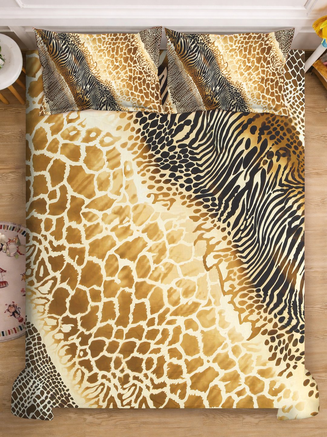 Brown 7D Geometric Printed Fitted Cotton Blend Double Bedsheet with 2 Pillow Covers