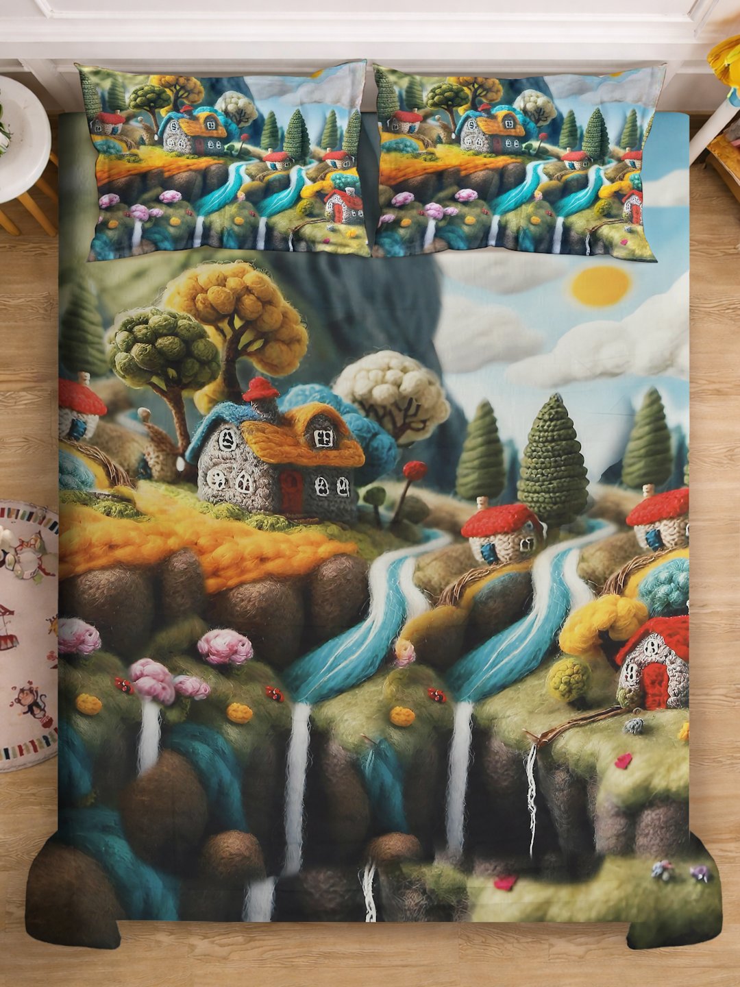 Multi 7D Cartoon Characters Printed Cotton Blend Double Bedsheet with 2 Pillow Covers