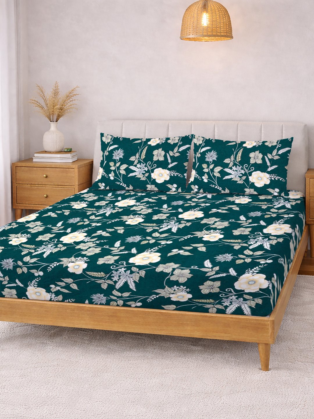 Green Floral Cotton Blend Fitted Double Bedsheet with 2 Pillow Covers