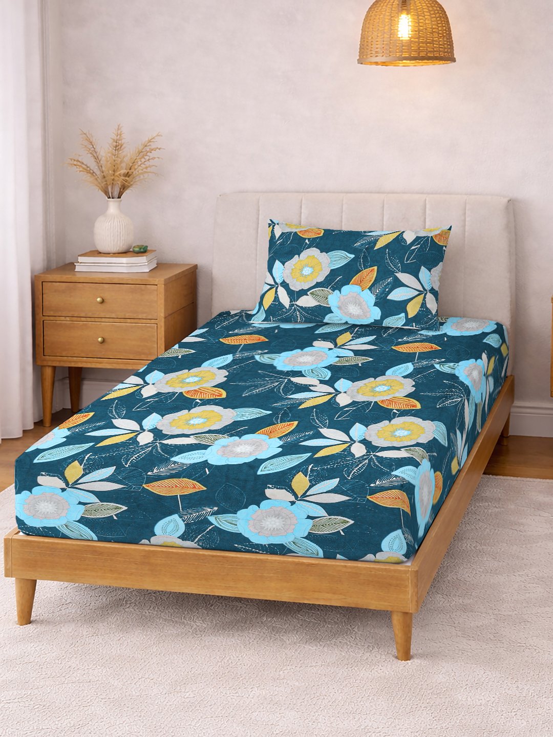 Blue Floral Cotton Blend Single Bedsheet with Pillow Cover