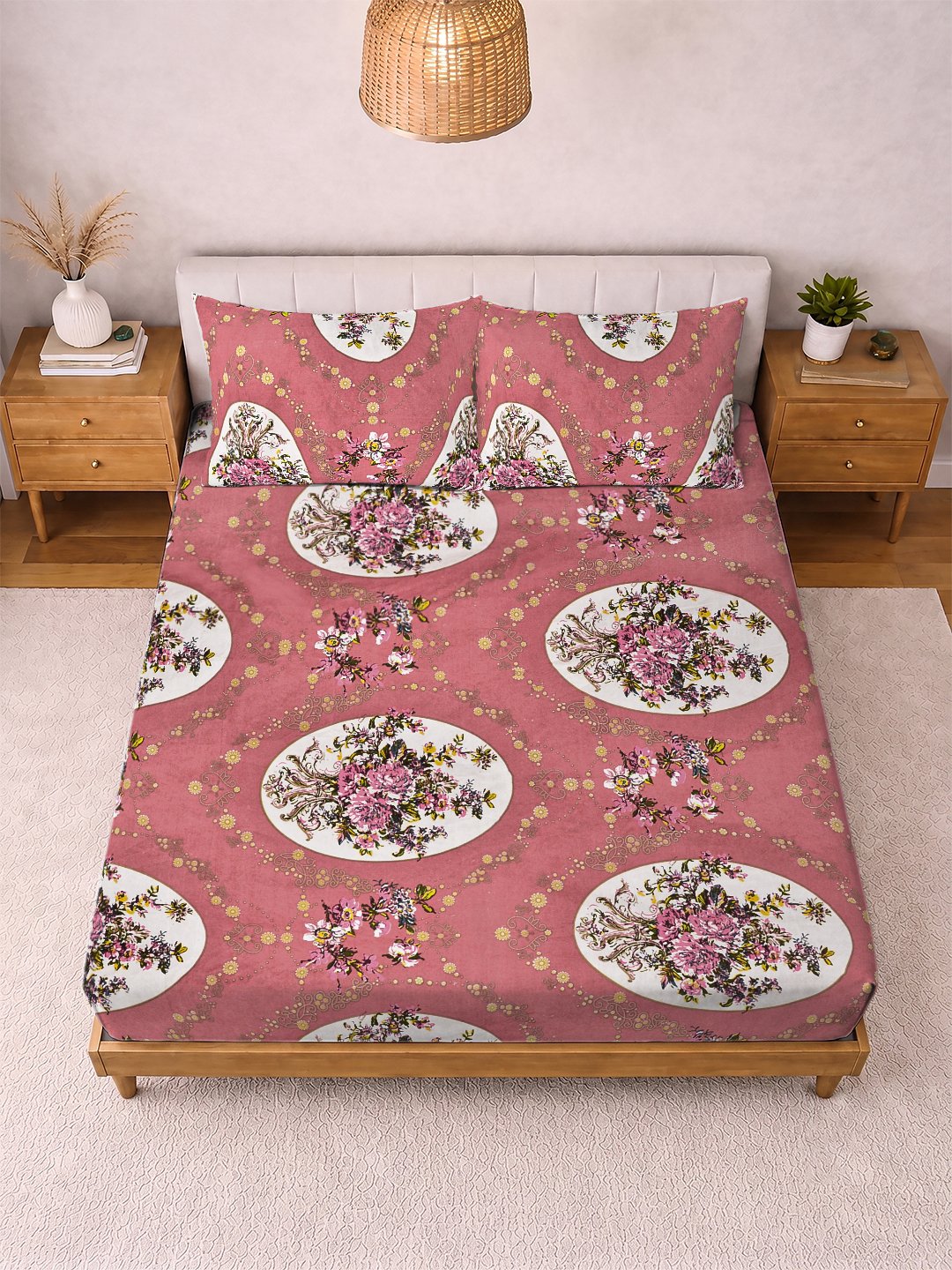 Rust Floral Cotton Blend Fitted Double Bedsheet with 2 Pillow Covers