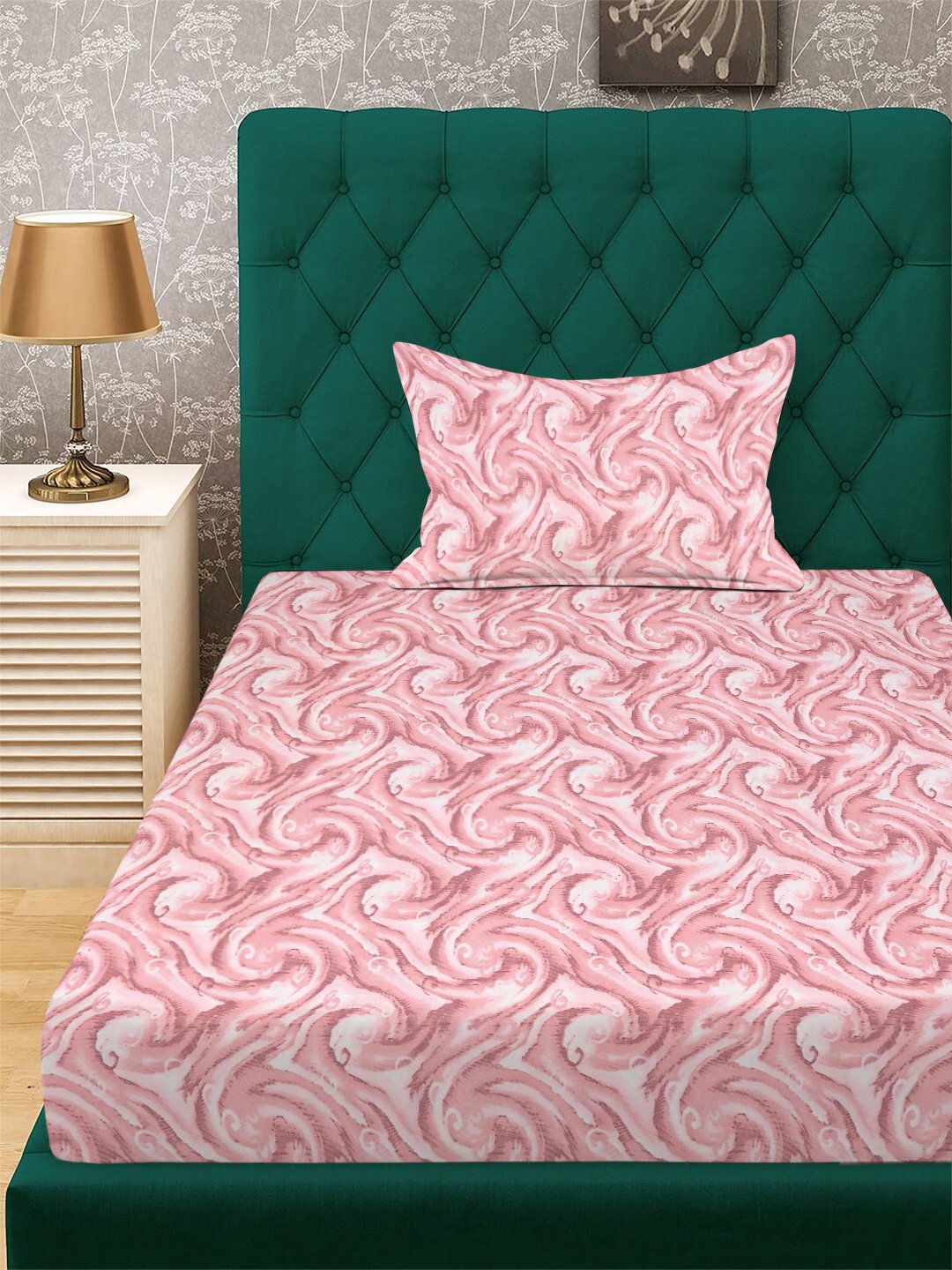 Red Abstract 300 TC Cotton Blend Fitted Single Bedsheet with Pillow Cover