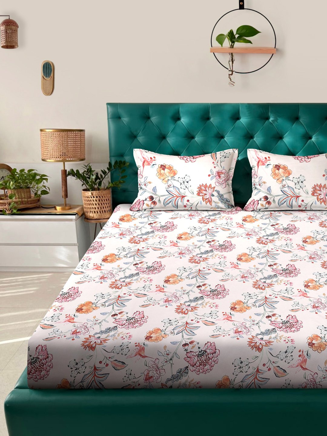 Multi Floral  300 TC Cotton Blend Double Bedsheet with 2 Pillow Covers