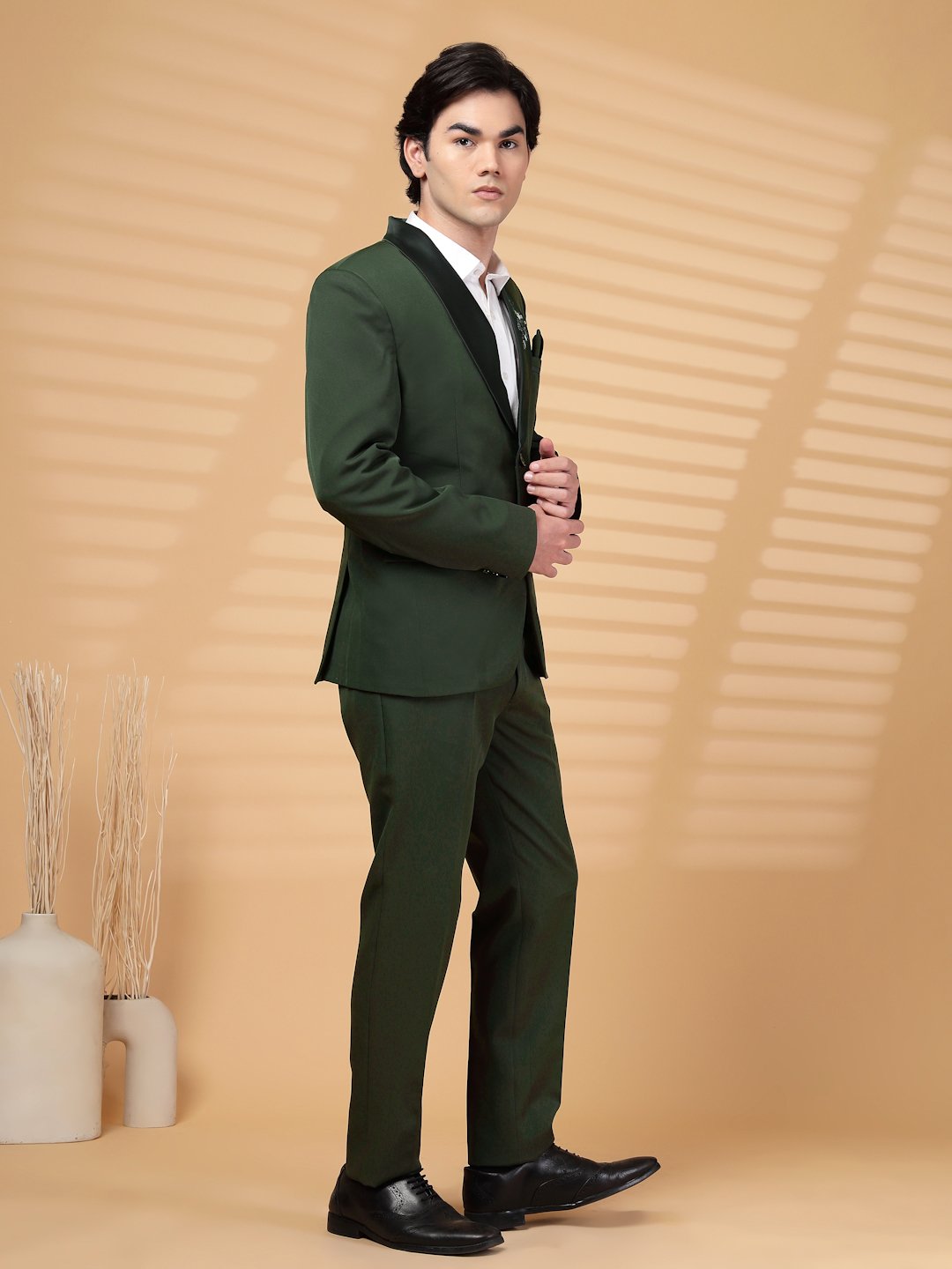 Green Solid Embroidery Single-Breasted Two-Piece Party Suit