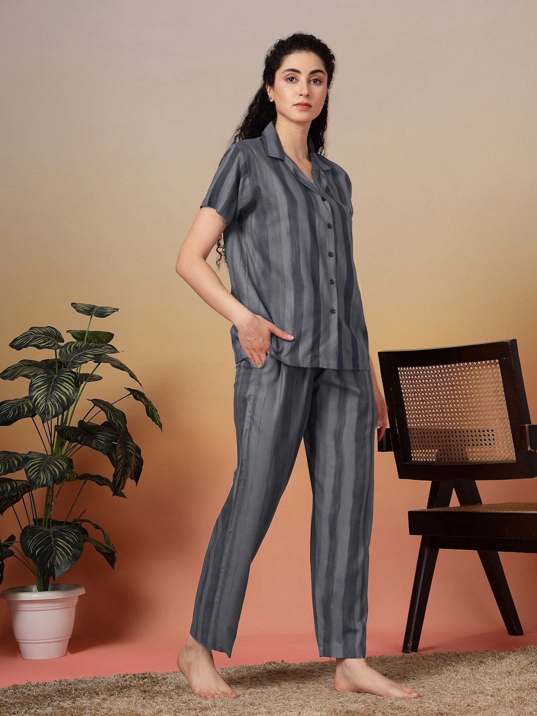 Women Grey Striped Pure Cotton Night Suit