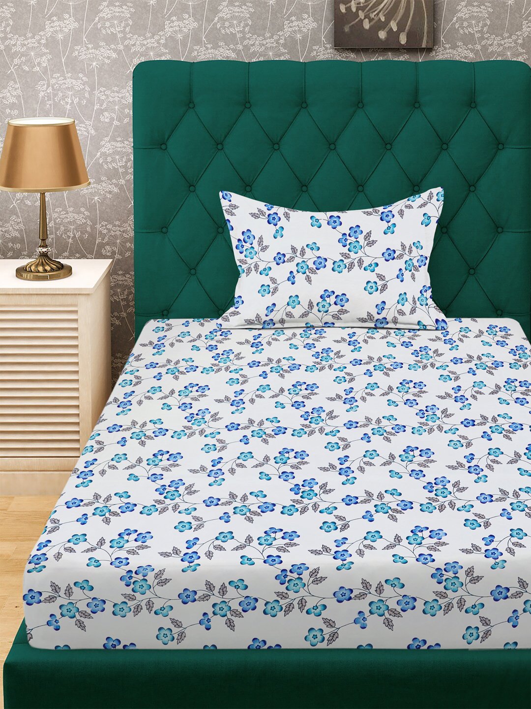 White Floral 300 TC Cotton Blend Fitted Single Bedsheet with Pillow Cover