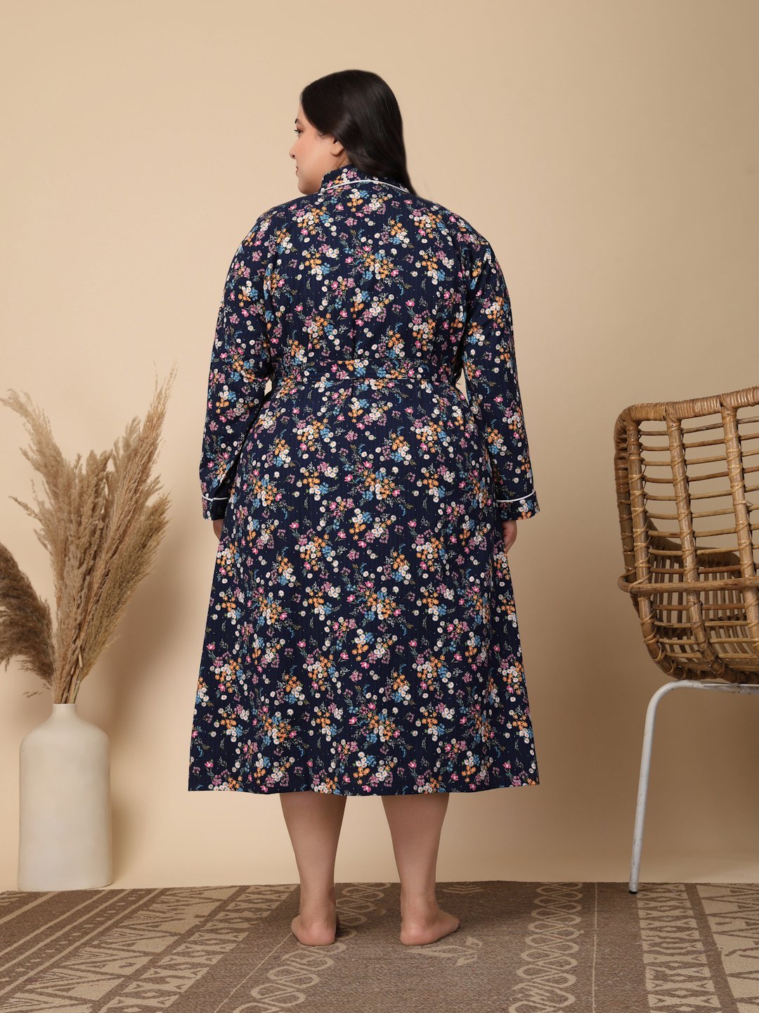 Women Printed Blue Floral Plus Size Pure Cotton Bath Robe With Belt