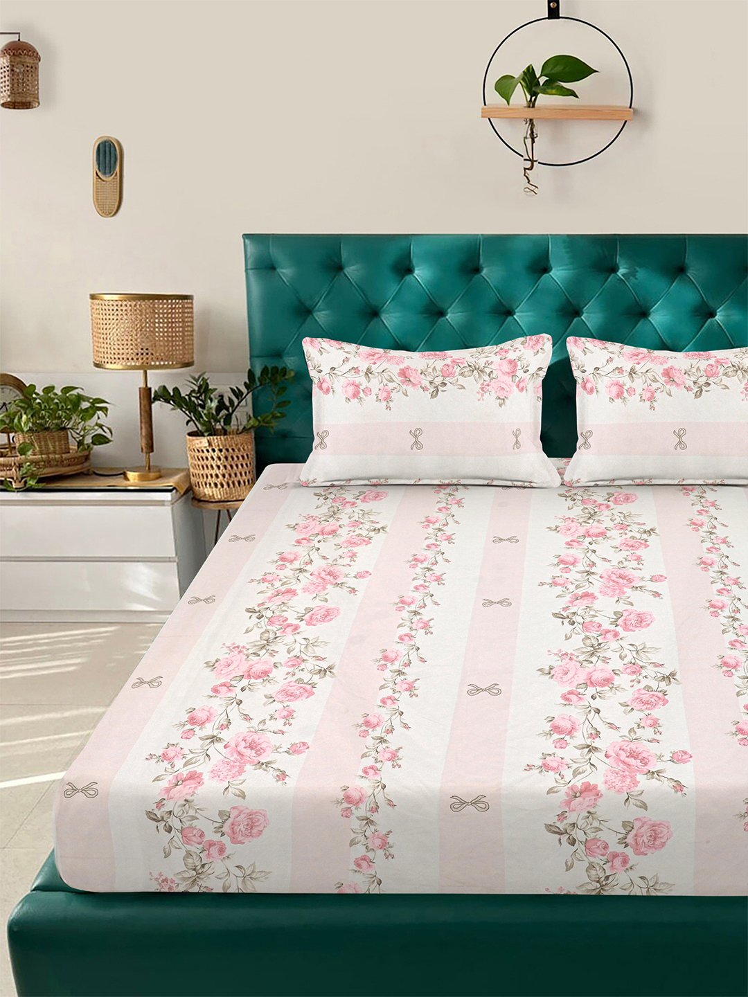 Pink Floral 300 TC Cotton Blend Double Bedsheet with 2 Pillow Covers