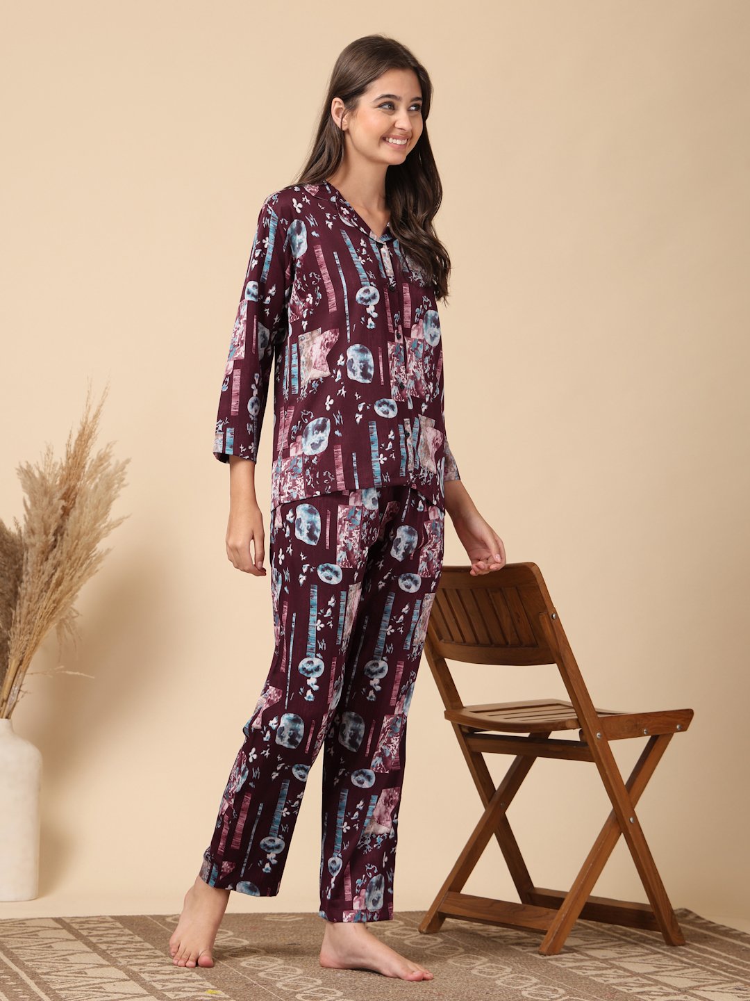 Maroon Geometric Cotton Blend Women Night Suit
