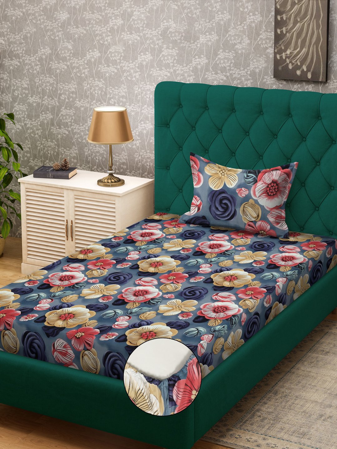 Blue Floral 7D Cotton Blend Fitted Single Bedsheet with Pillow Cover
