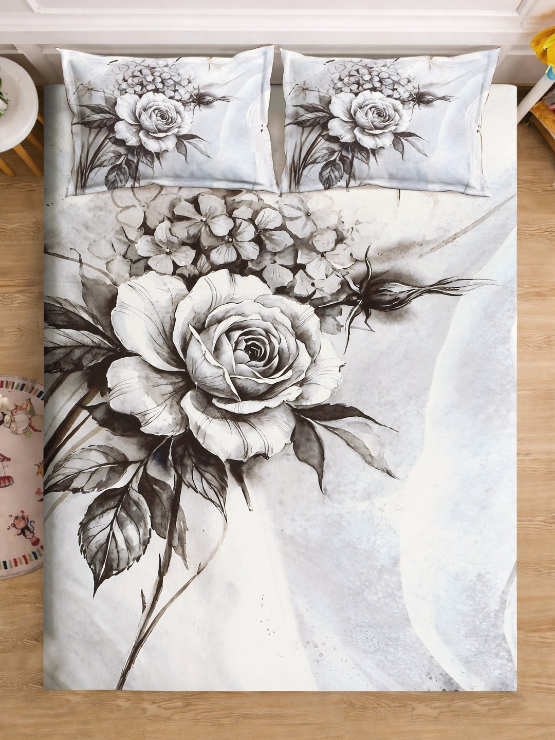 Grey Digital Floral Printed Cotton Blend Double Bedsheet with 2 Pillow Covers