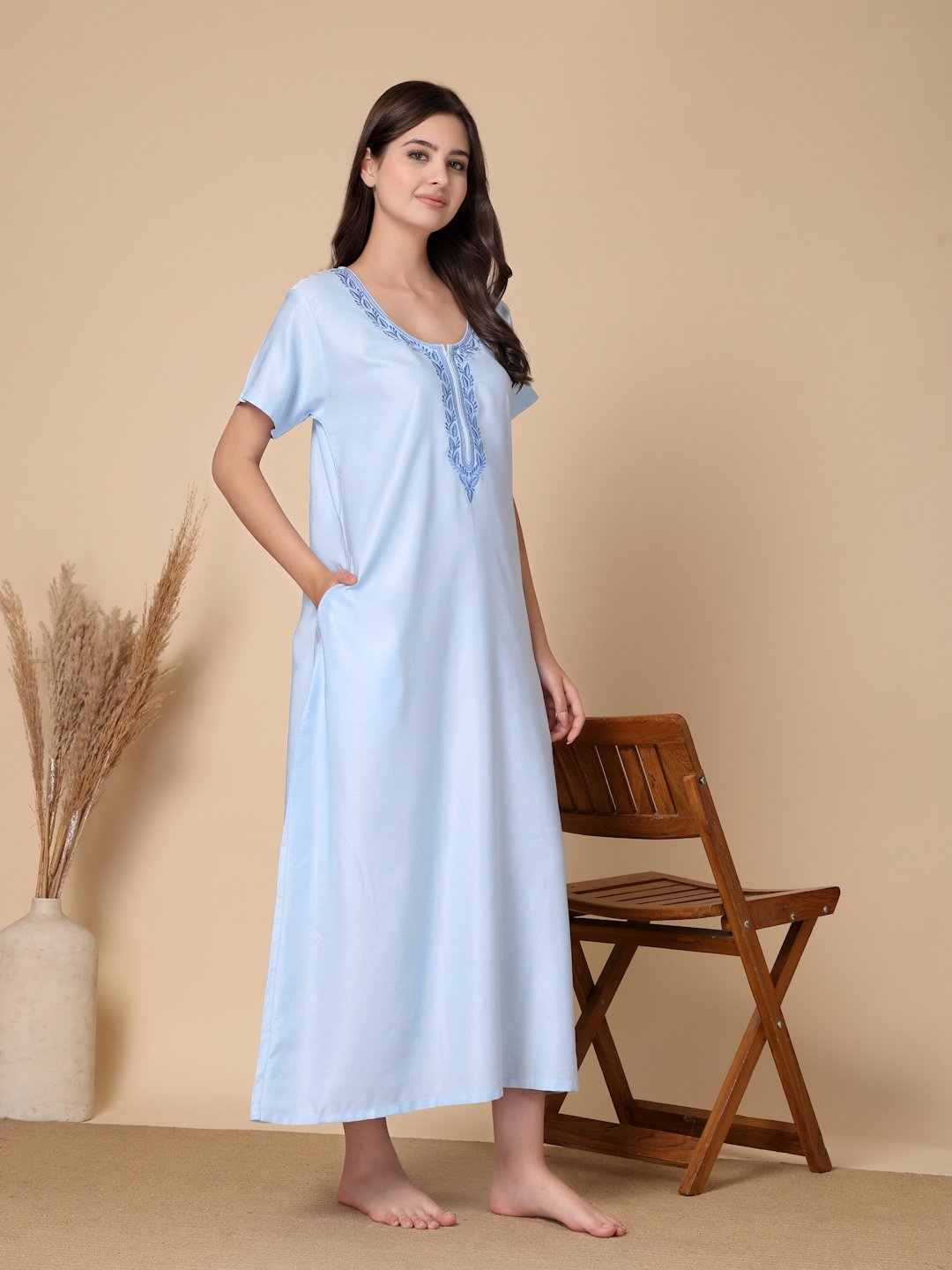 SkyBlue Solid Soft Feel Cotton Blend Maxi