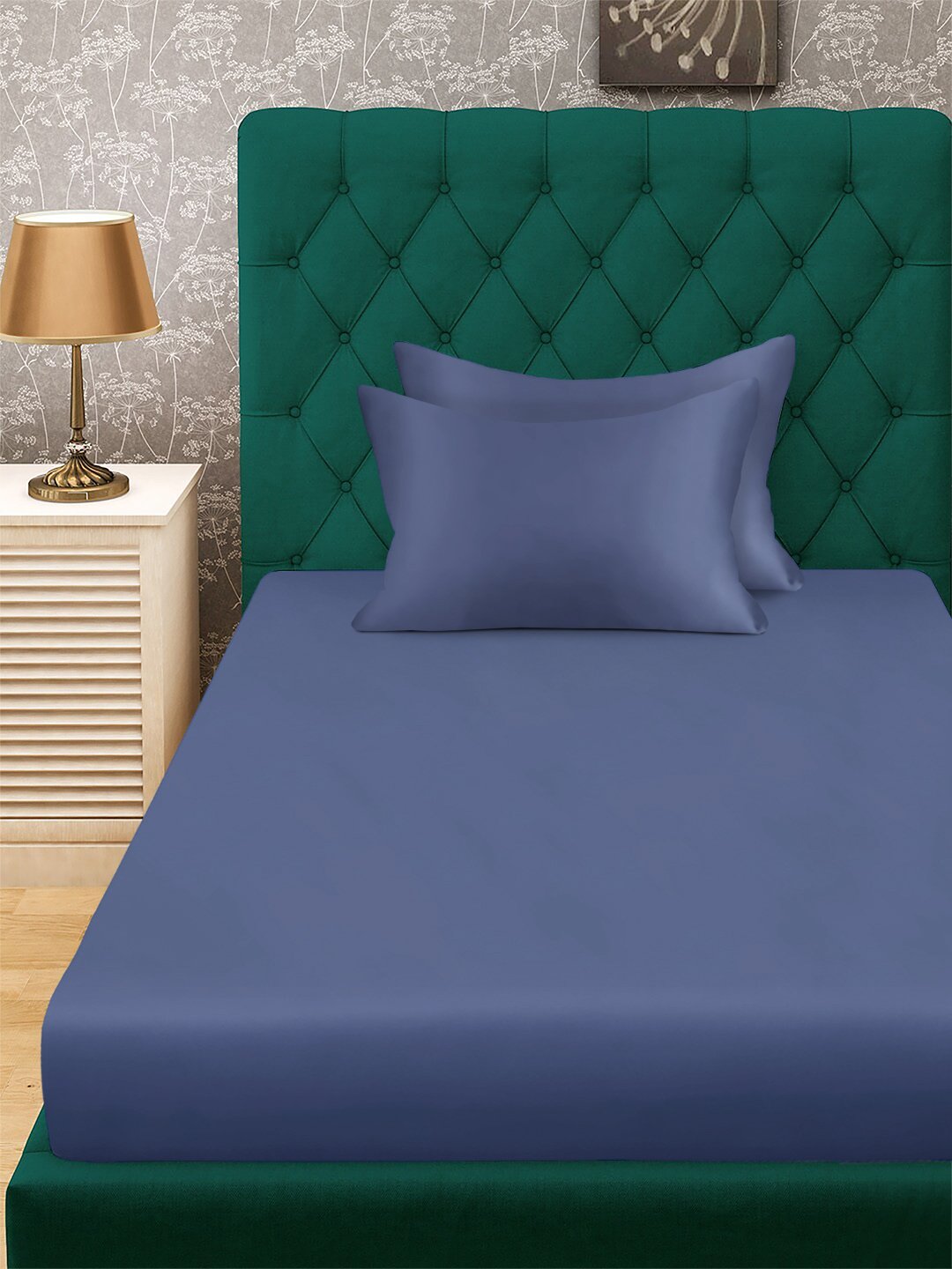 Blue Solid 300 TC Cotton Blend Fitted Single Bedsheet with 2 Pillow Covers