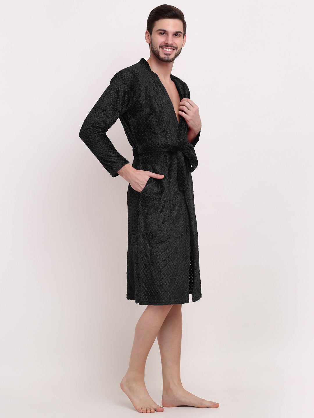 Men Black Self Design Wool Bath Robe With Belt