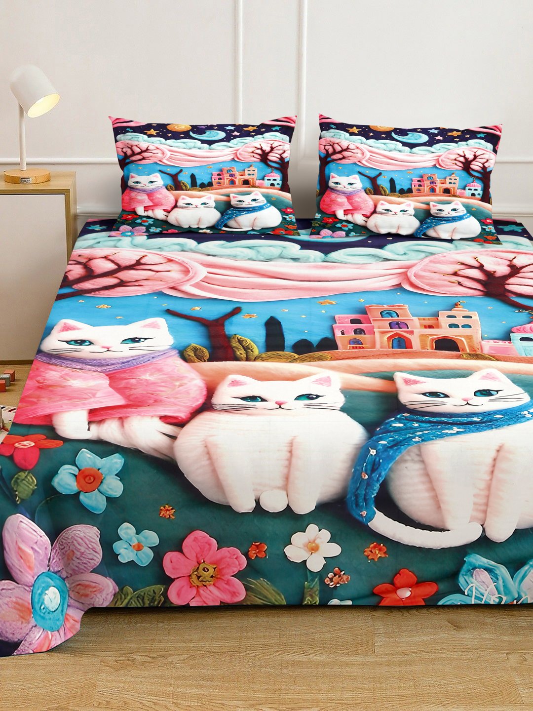 Multi Cartoon Characters 7D King Size Cotton Blend Fitted Double Bedsheet with 2 Pillow Covers