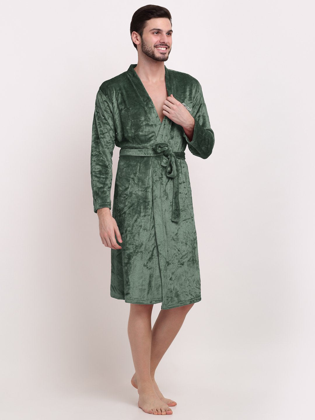 Men Green Solid Wool Bath Robe With Belt