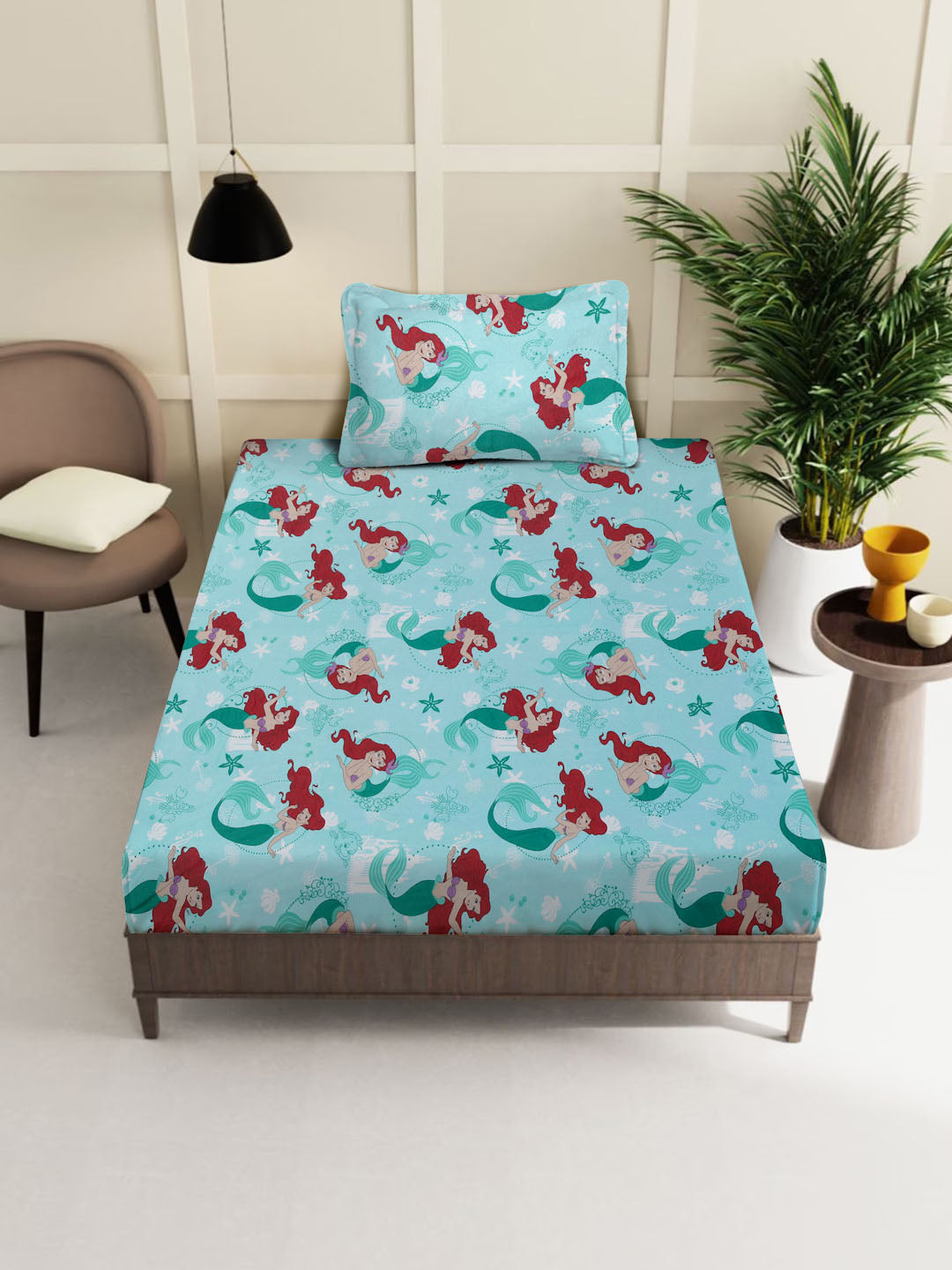 Klotthe Turquoise Cartoon Characters 400 TC Pure Cotton Single Bedsheet with Pillow Cover